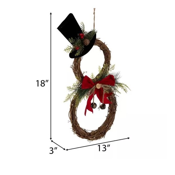 NWT- Beautiful Snowman Wreath Decoration w/ 🎩 Red Velvet Bow & Jingle Bells - Picture 16 of 17